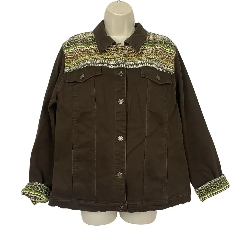 Denim & Co Jacket Womens Large Brown Trucker Southwestern Knit Trim Boho Trucker